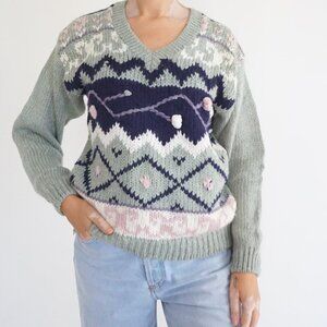 Vintage Spice Of Life Sage Green Knit Geometric Fair Isle Pattern Sweater M